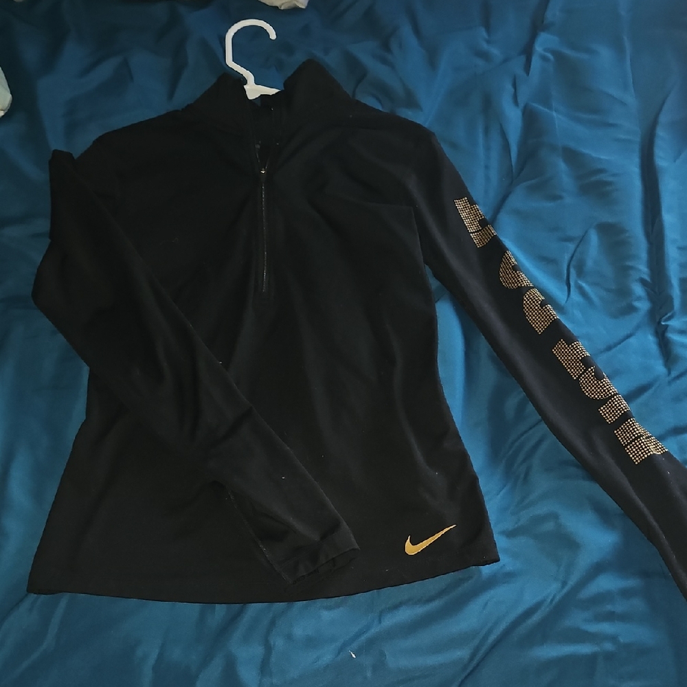 Nike Women's Black and Gold Long Sleeve Top - DRI FIT